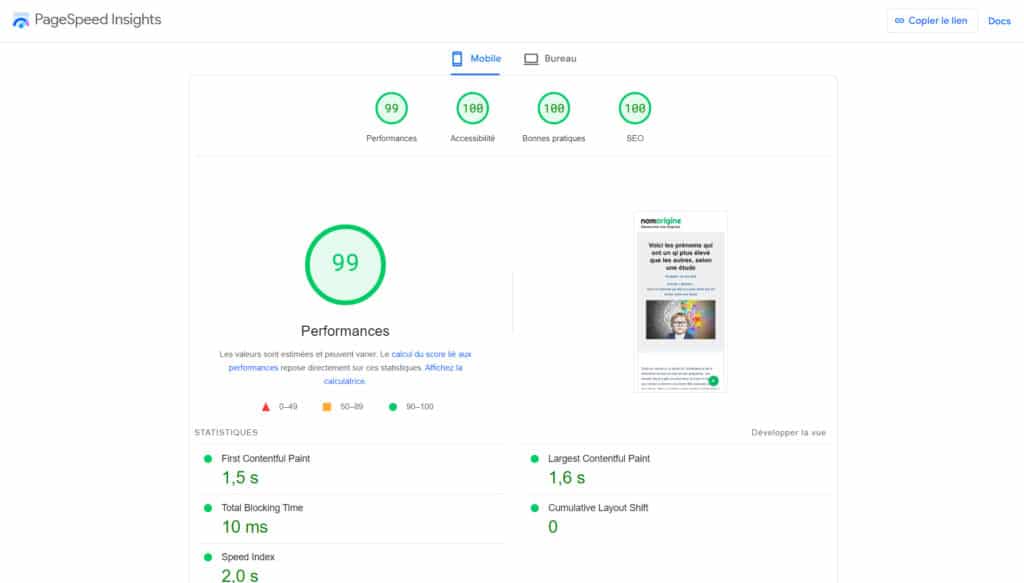 core web vitals score 100